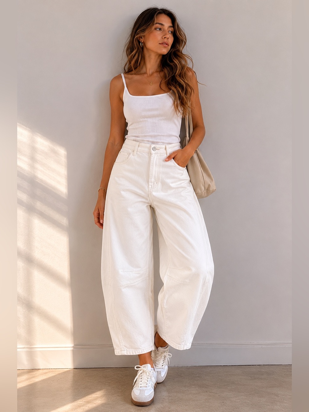 Flvsun White Barrel Leg Jeans Cropped Balloon Denim Pants Size 4